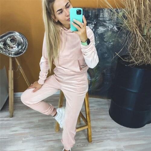 2 Piece Set Women Velvet Tracksuit Solid Hooded Pullover Sweatshirt and Pants Suit Female Velour Sweatsuits Solid Casual Outfits