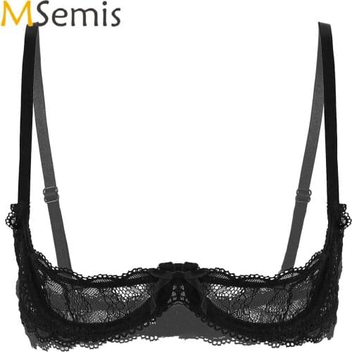 Womens See Through Sheer Lace Lingerie Adjustable Spaghetti Shoulder Straps 1/4 Cups Push Up Underwire Open Cup Bra Tops