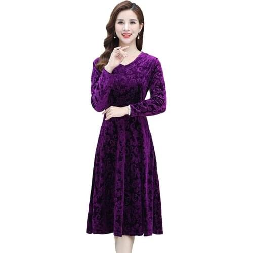 Womens Gold Velvet Dress Large Size Spring Autumn Middle-aged Mother Dresses Long-sleeved V Neck Dress Vestidos Femme