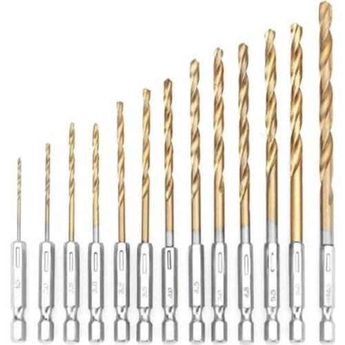 13Pcs HSS Drill Bit Titanium Coated Twist Drill Bits 1/4" Hex Shank 1.5-6.5mm High Speed Steel Drill Bit Set