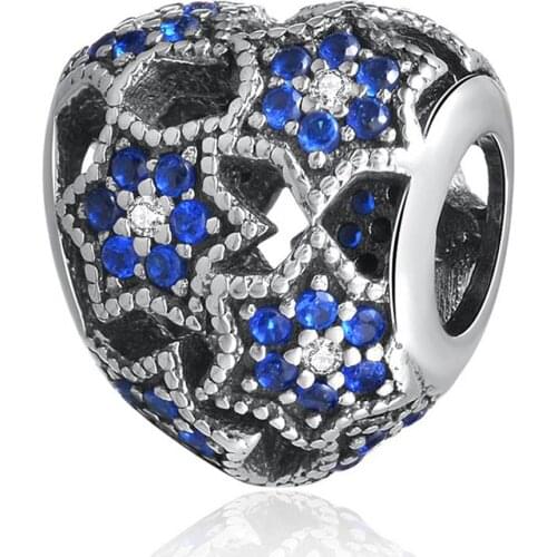 Authentic S925 Silver Charm Openwork Blooming Heart With Crystal Bead fit Lady Bracelet Bangle For Women DIY Jewelry