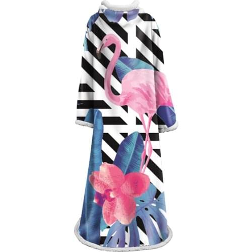 Flamingo Velvet Plush Throw Sleeve Blanket Tropical Plant Girls Bedding Sherpa Blanket for Couch Flower With Sleeve