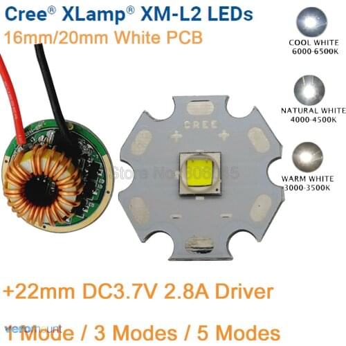 Cree XM-L2 T6 10W Cool White Neutral White Warm White LED Emitter 16mm / 20mm White PCB + 22mm 1 Mode /3 Mode /5 Mode Driver