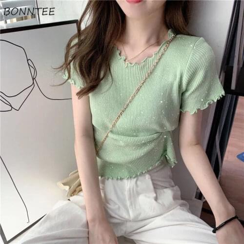 T-shirts Women Solid Fashion Slim Summer New O-neck All-match Streetwear Sweet College Female Knitted Tops Leisure Korean Style