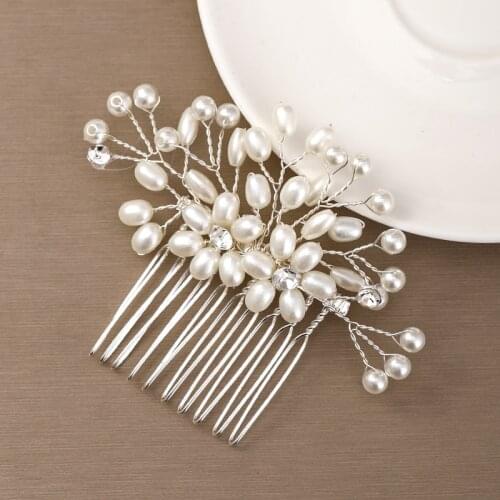 New Wedding Flower Hair Accessories Silver Color Pearl Hair Comb Tiara Rhinestone Bride Headdress Handmade Bridal hair jewelry