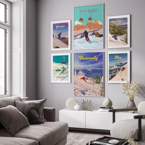 Alta Badia Ski Resort Poste Winter Mountain Champery Canvas Painting Retro Wall Art Picture for Living Room Aesthetic Room Decor