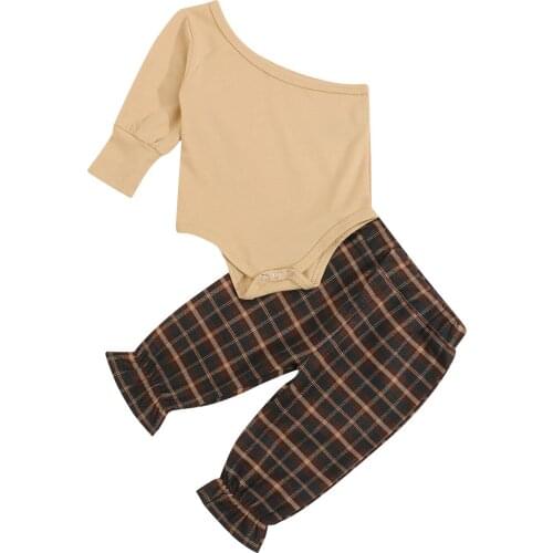 Lioraitiin 0-3Years Toddler Baby Girl Summer Fashion 2Pcs Clothing Set One Shoulder Solid Romper Plaid Long Pants Outfit