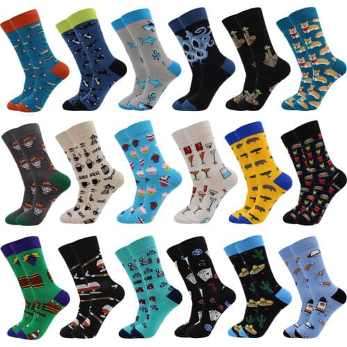 Colourful Fashion Hip Hop Cotton Stripe Mens Socks Harajuku Cup Dog Sloth Shark Food Hamburger Rocket Happy Funny Casual Socks