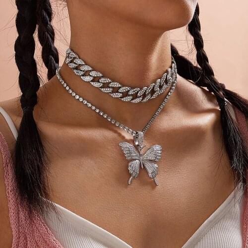 Iced Out Butterfly Necklace Set Cuban Link Chain Choker Necklace Gifts for Women Butterfly Chains Bling Hip Hop Pendant Jewelry