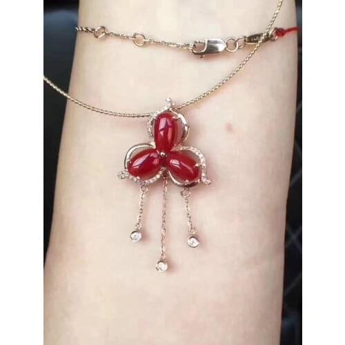 Natural red precious coral Pendant natural gemstone pendant necklace S925 silver Elegant tassel Clover Women party fine jewelery