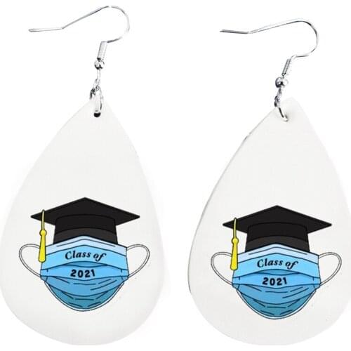 New Fashion Class Of 2021 Faux Leather Teardrop Earrings Trend New Graduation Earrings Stock