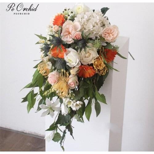 PEORCHID Luxury Orange&Pink Rose Wedding Bouquet Waterfall Vintage Tear Drop flowers Artificial Cascading Bridal Big Bouquet