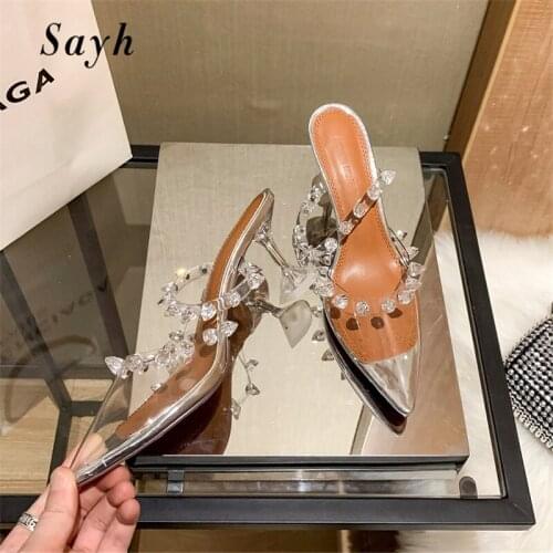 Luxury Brand Women Summer Sandals Pointed Toe Crystal Clear PVC Transparent Mules Shoes High Heels Pumps Shoes Party Dress Shoes
