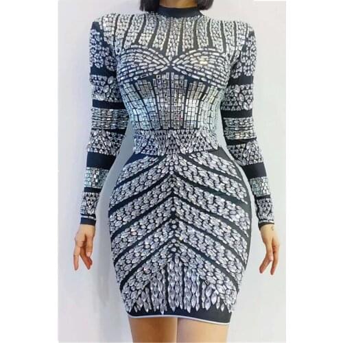 Sexy Womens Birthday Celebrate Outfit Dresses New Silver Rhinestones Big Elasticity Short Dress Bar Evening Dancer Dress