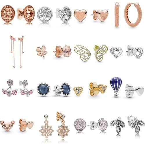 2019 NEW 100% 925 Sterling Silver Rose Matte Brilliance Lioness Hearts Trees of Life Stud Earring Fit DIY Women Original Jewelry