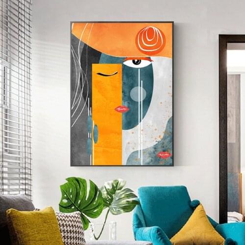 Modern Colorful Red Blue Yellow Abstract Face Geometric Canvas Painting Wall Art Picture Poster Print for Living Room Home Decor