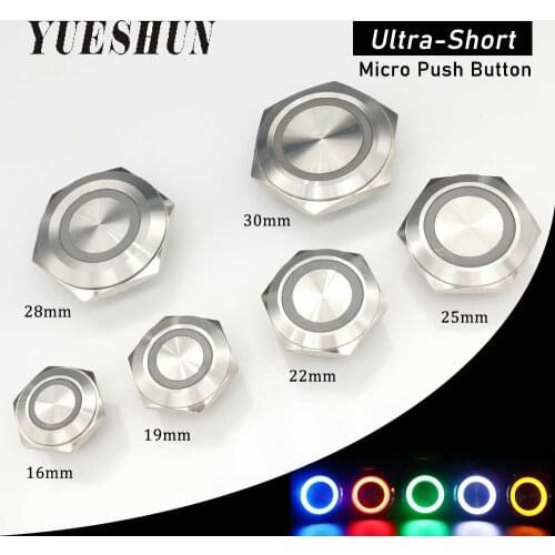 Yueshun Stainless Steel Ultrathin Push Button Short-Throw Self-Reset Momentary 16mm 19mm 22mm 25mm 28mm 30mm LED Touch Switch