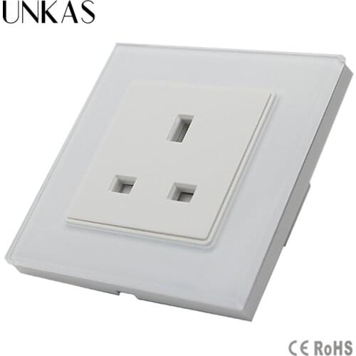UNKAS New Arrived UK Standard Socket, White Crystal Glass Panel, AC110~250V, 13A Wall Outlet, GB-C7C1UK-11, 86mm*86mm