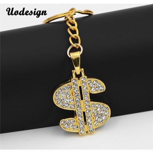 Uodesign US Dollar Money Pendant keychain Alloy Gold Color Chain For Women/Men Rhinestone Hip Hop Bling Jewelry
