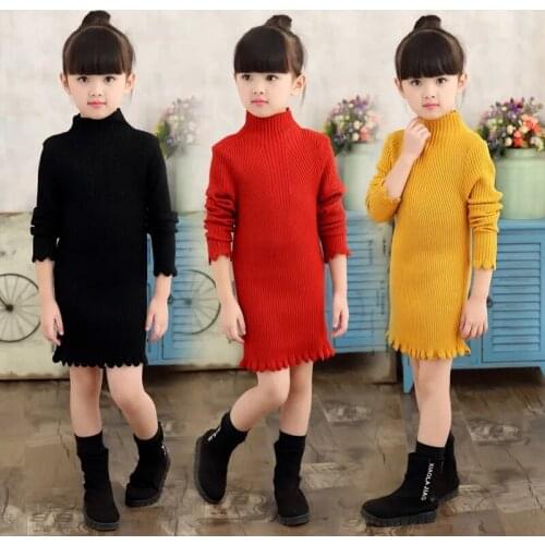 Girls Knitted Sweater Long Winter 2021 Warm Baby Sweater Dress Children Clothes Sweater Slim Pullover Bottoming Shirt 2-13 Years