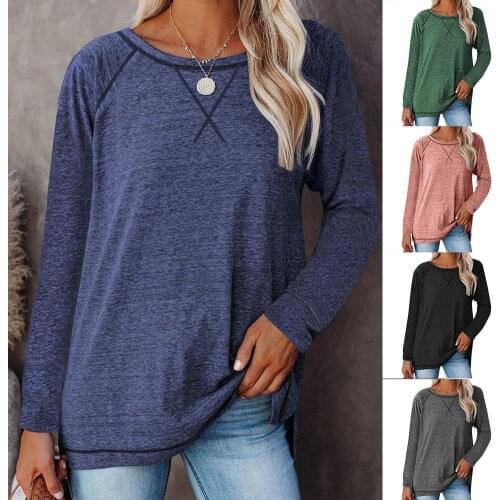 Y2k Woman T-shirts Solid Color O Neck Long Sleeve Loose Side Split Tops Cotton Tee Casual Skin Friendly Womens Clothing 2021