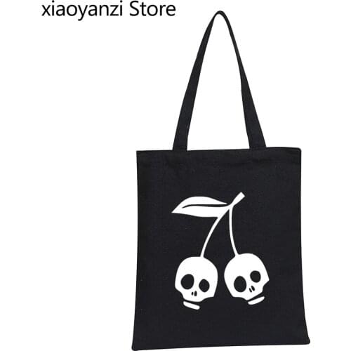 CHERRY SKULL Print Women Shoulder Bag Canvas Bag Casual Funny Handbags For Girl Eco Reusable Hipster Tumblr Shopping Bag SL-52
