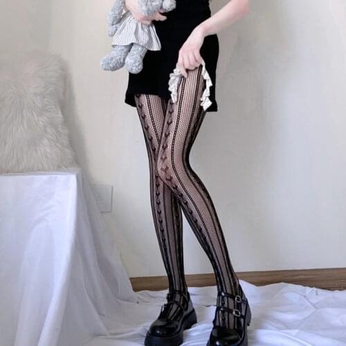 2021 Women Girls Dark Heart Striped Pantyhose Gothic Punk Sexy Hollow Out Fishnet Mesh Black Tights Japanese Lolita Stockings