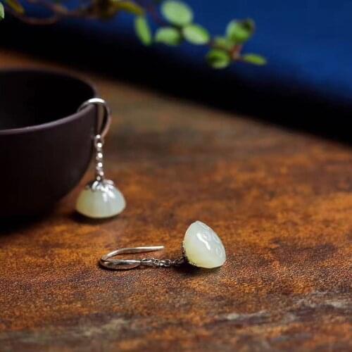 L&P Original Handmade Lotus Silver Natural Stone Drop Earring For Women Jewelry,Freeshipping Vintage Pure Silver Earrings