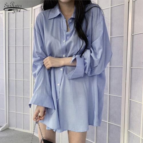 New Spring Autumn Plus Size Cardigan Blouse Women Casual Loose Blue White Women Shirts Long Sleeve Solid Female Clothing 12506