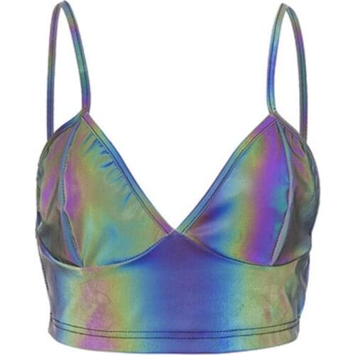 Women V Neck Sexy Holographic Bralette Crop Top Strap Reflective Fashion Camis Hot Summer 2019 Sleeveless Backless Tank Tops