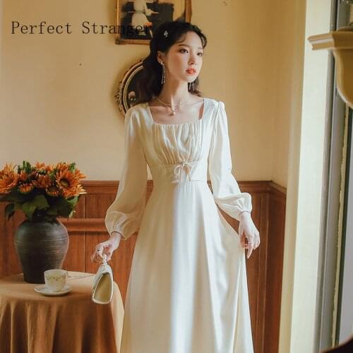 2021 Autumn New Arrival High Quality Retro Long Sleeve Square Collar Collect Waist Women Long Dress
