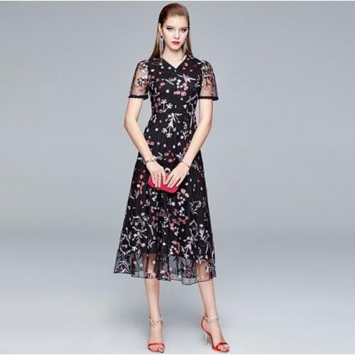 Elegant Multicolor Flower Print Women Lace Dress Runway 2021 Summer Girls Short Sleeve Hollow Out Casual Party Midi Dress
