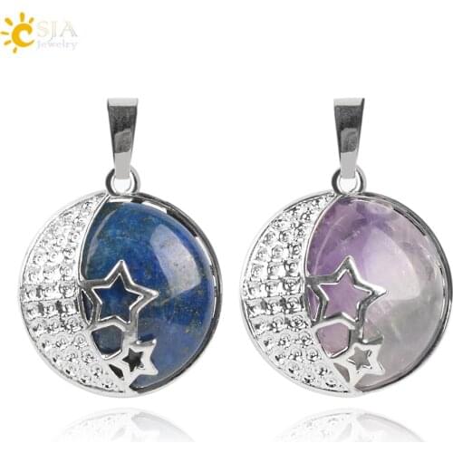 CSJA Crescent Moon Necklace Pendant Pink Quartz Purple Crystal Hollow Out Pentagram Star Female Women Natural Stone Jewelry E174