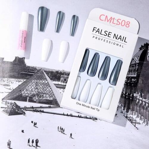24pcs/Set Long Streak Fake Nails European Cross Color Line Decal Acrylic Ballerina Nail Art Tips with Glue Decoration Z149