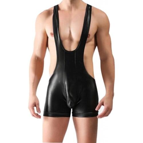 Erotic Leather Wrestling Singlet Lingerie Wet Look Skinny Powerful Sexy Men Underwear Shiny Latex Homme Gay Fetish Bodysuit