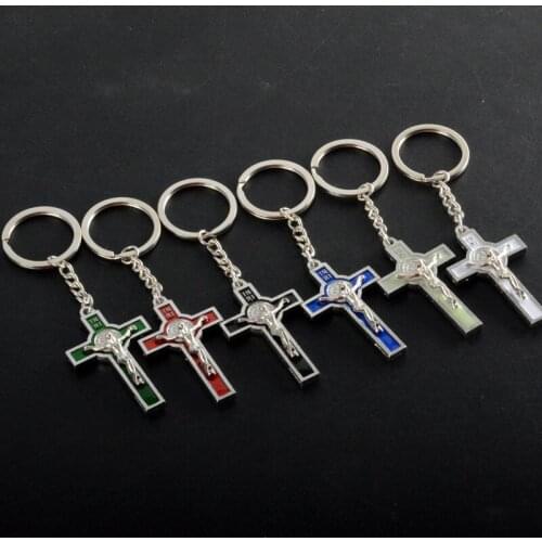 Catholic church alloy Cross Key Chain Enamel Pendant Women Men Religious Jewelry Gift