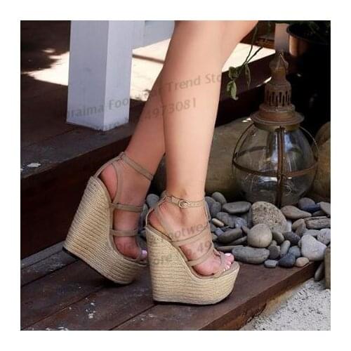 Moraima Snc Nude Leather High Heel Sandal Summer Open Toe Platform Wedge Shoe Cutouts Ankle Strap Party Shoes