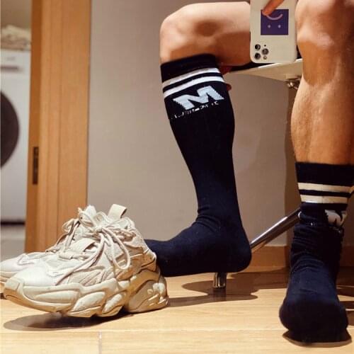 Fashion Black Unique Design Striped Socks Sexy Gay Top Vers Bottom Men Nylon Sports Long Tube Football Socks Comfortable