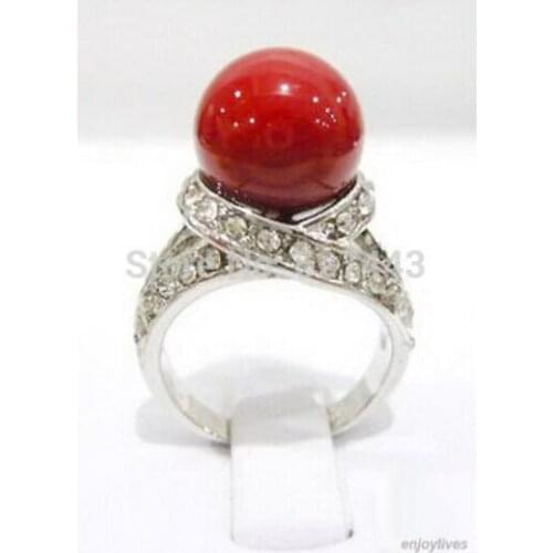 Wholesale FREE SIPP>Fashion 12mm Red Coral White Crystal Ring Size 6.7.8.9