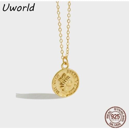 Fancy Design Vintage Real Gold Plated Coin Pendant Necklace 925 Sterling Silver Figure Round Coin Pendant Necklace for Lady