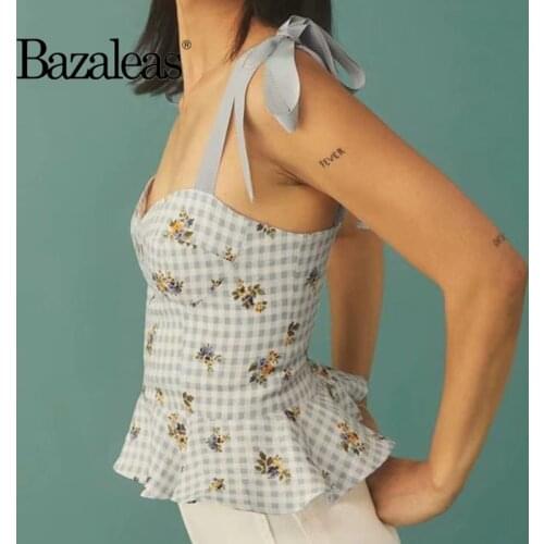 Adjust Spaghetti Straps Plaid Girl Camis Ruffles Women Tank Top Vintage Blue Floral Tartan Print Slim Top