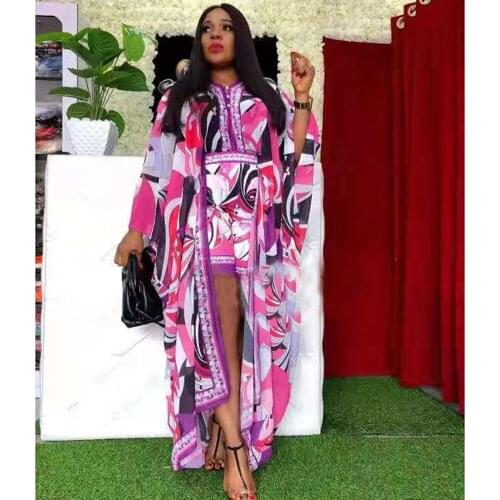 RMSFE 2021 Women Long Sleeve V-Neck Chiffon Elegant Beach Digital Print Dress + Shorts Two Piece Dress Set