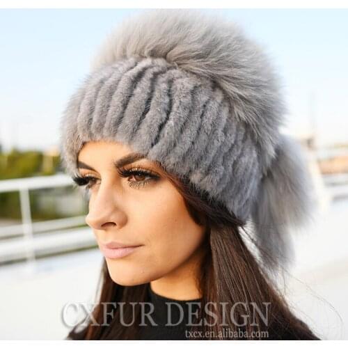 CX-C-57A 2018 New Knitting Russian Luxury Fox Fur Trim Ladies Caps Real Mink Fur Beanies Hats