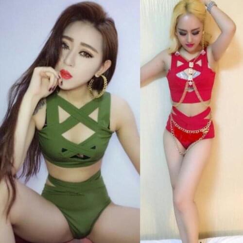 Nightclub Bar DJ DS Female Singer Jazz Dance Costume Hip Hop Street Dance Stage Performance Sexy Cross Split Set 2 Pcs DL3830