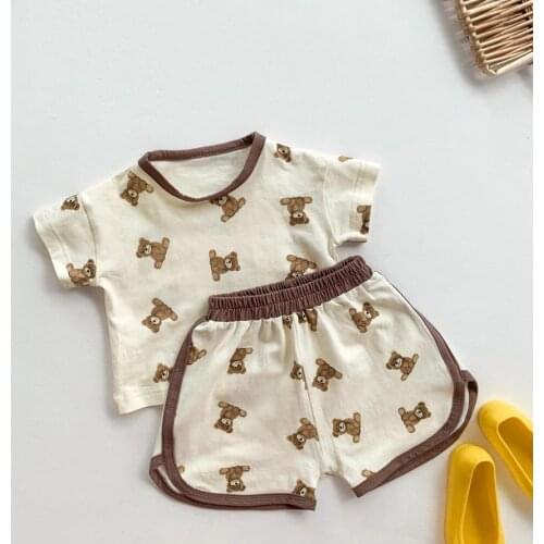 Boys Girls Toddlers Summer Creative Cartoon Little Bear Printing Round Collar Short Sleeve Tops Shorts Summer Clothing Set 0-24M