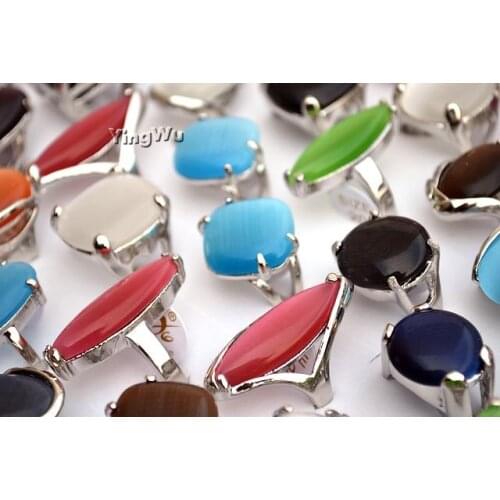 Yingwu 20Pcs/lot Vintage Silver P Ring Big Round Oval Opal Ring Engagement Rings For Women Wedding Cat Eyes Ring Wholesale