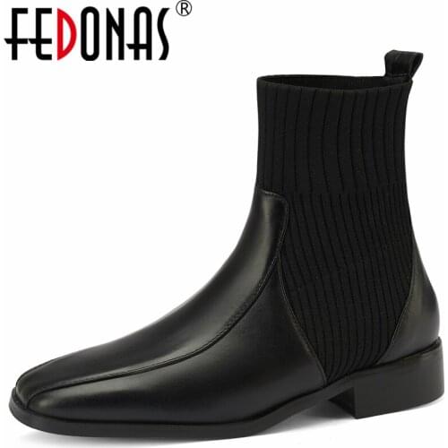 FEDONAS Working Casual Women Ankle Boots Autumn Winter Concise Genuine Leather Low Heels Knitting Shoes Woman 2021 New Arrival