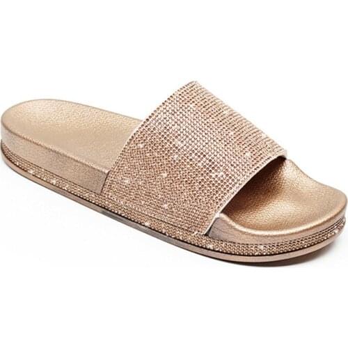 Womens Solid Flat Rhinestone Bling Slippers Womens Non-slip Indoor Crystal Slippers Beach Flip Flops Womens Slides Hot