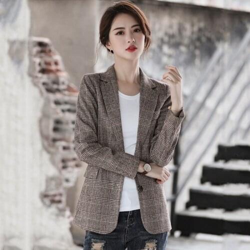 Autumn spring slim women blazer 2020 casual suit jacket plaid print single breasted notched Korean style outwear chaquetas mujer