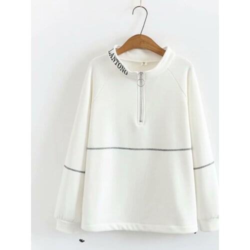 Plus size zipper stand collar fleece inside women loose Sweatshirts 2021 new winter casual ladies pullovers female tops black